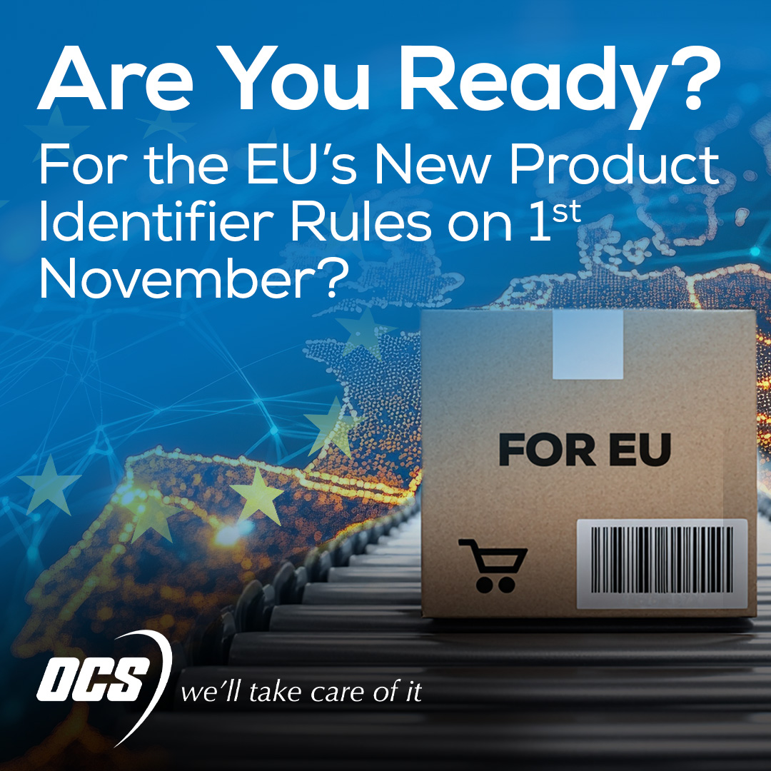 A parcel on a conveyor belt, ready for export to the EU. In the background is a map of Western Europe and text reads: Are you ready for the EU's new Product Identifier Rules on 1st November?